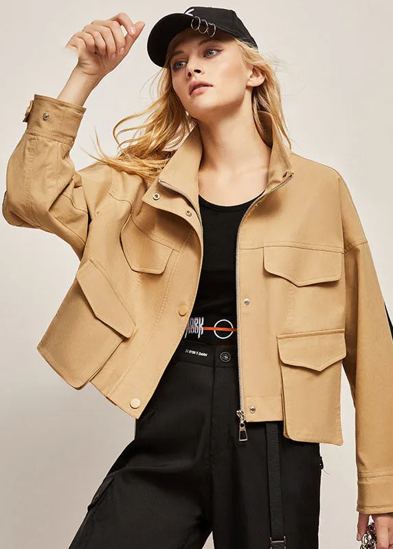 Boutique Khaki Stand Collar Oversized Patchwork Cotton Jacket Spring
