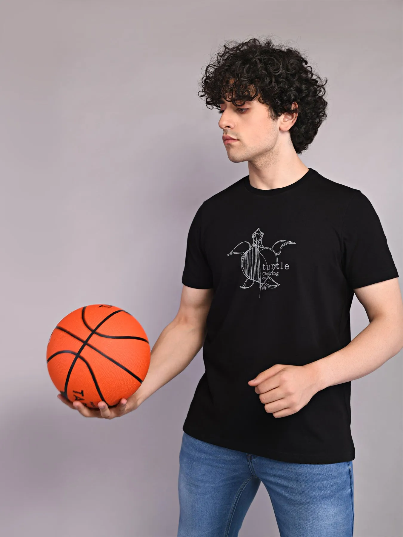 Cotton Stretch Black Printed Crew Neck Half Sleeve Casual T-Shirt