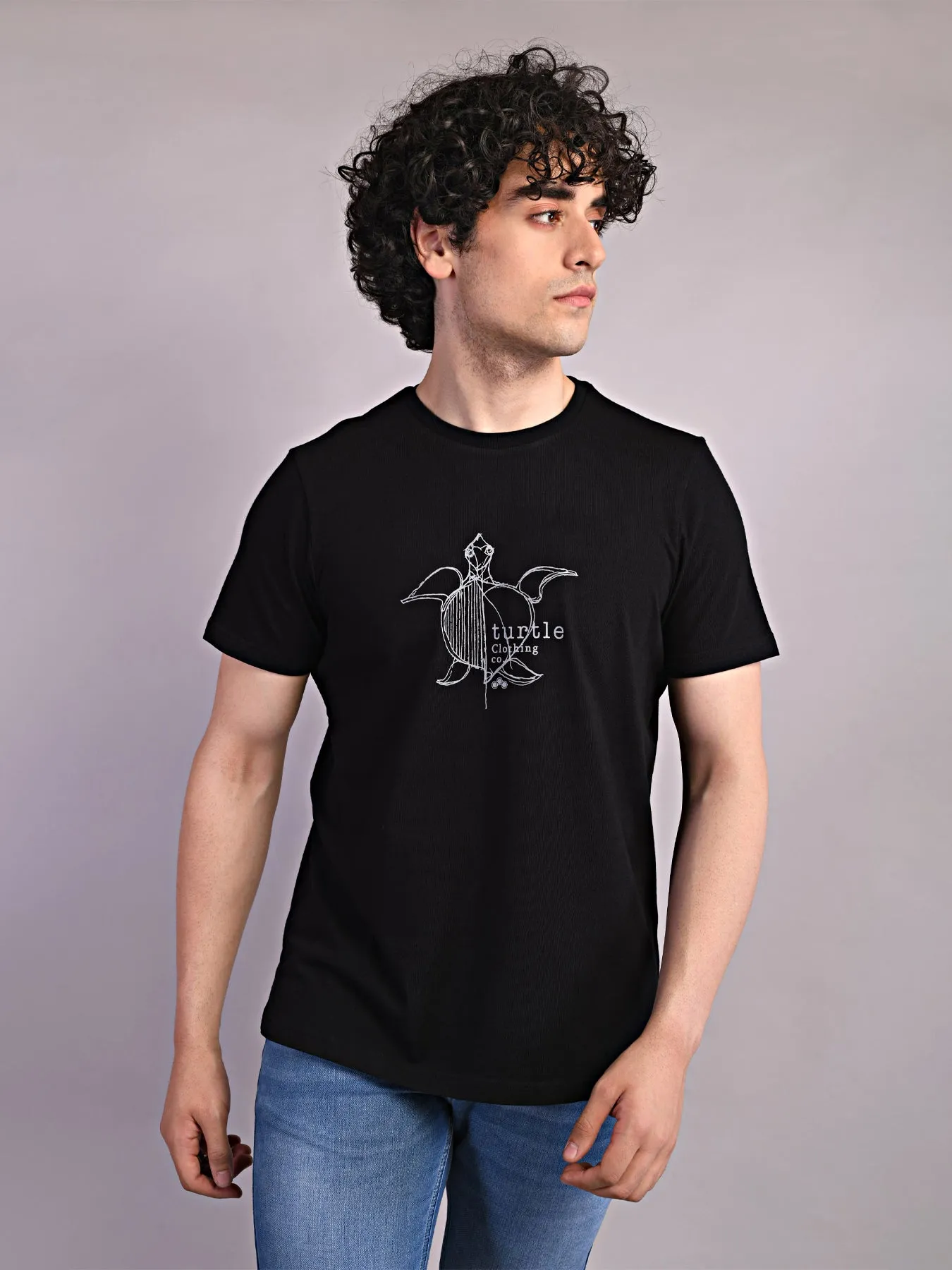 Cotton Stretch Black Printed Crew Neck Half Sleeve Casual T-Shirt