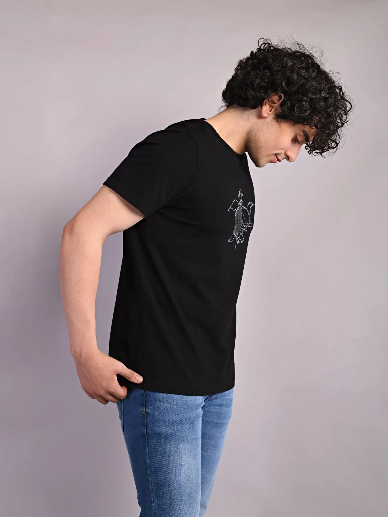 Cotton Stretch Black Printed Crew Neck Half Sleeve Casual T-Shirt