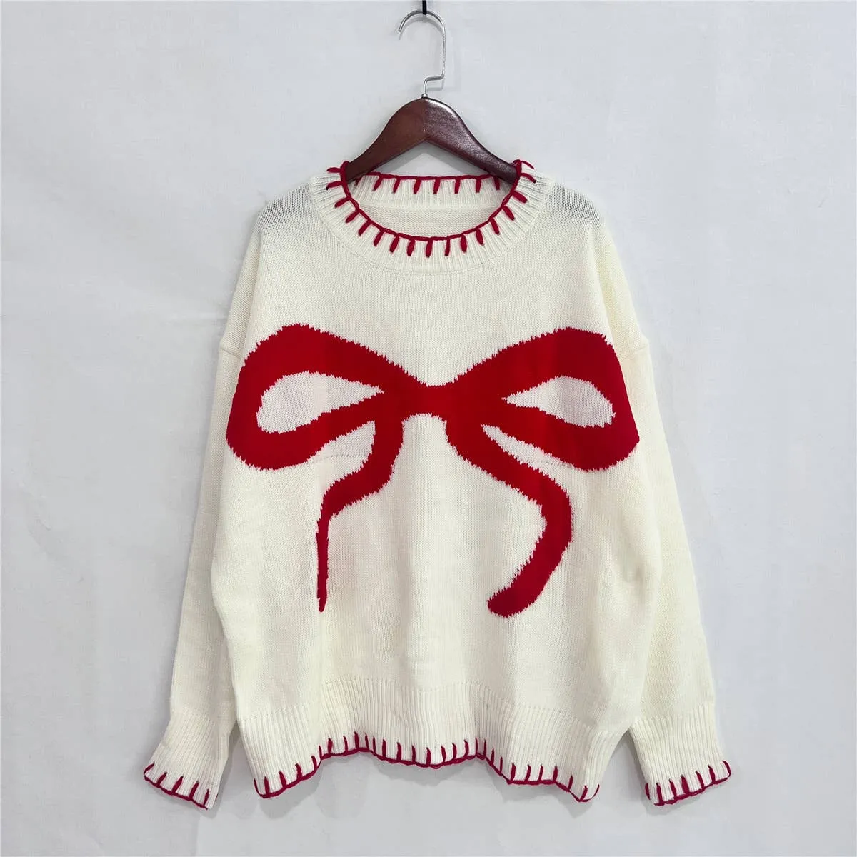Cream Sweater with Red Bow Slouchy Sweater