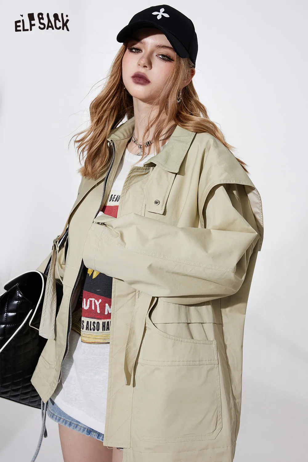 ELFSACK simple academic style casual coat workwear style for women 2024 spring new office style zipper cotton windbreak solid color mid long length coat