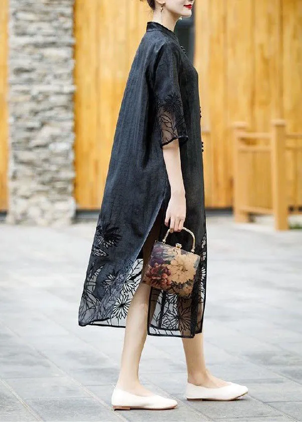 Handmade Black Embroideried Side Open Patchwork Silk Trench Summer LY4454