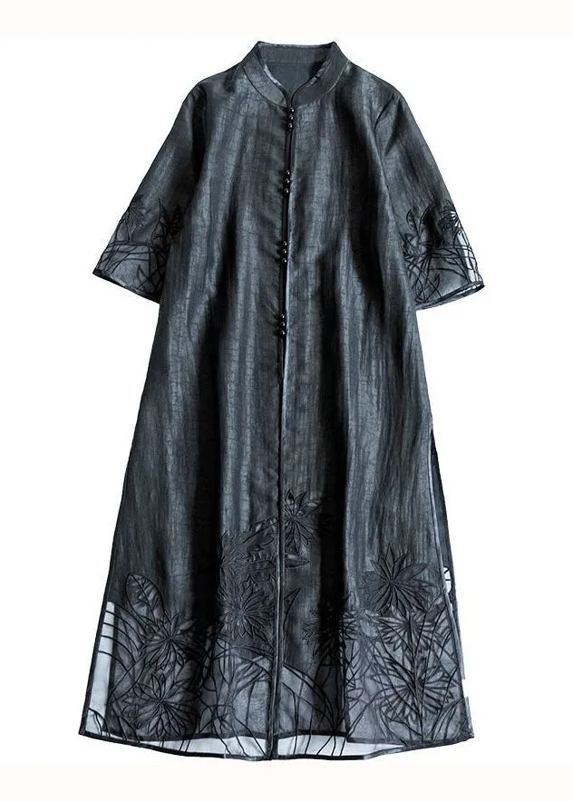 Handmade Black Embroideried Side Open Patchwork Silk Trench Summer LY4454