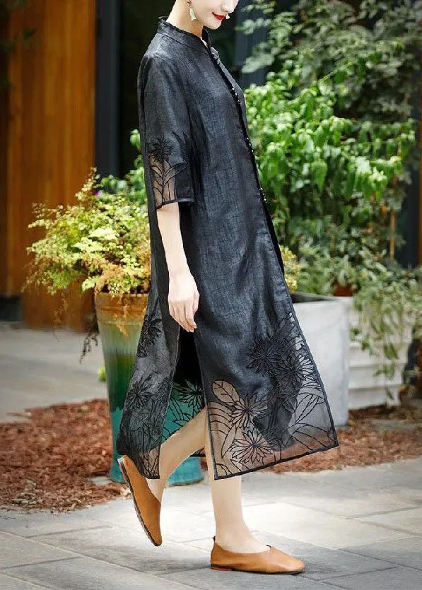 Handmade Black Embroideried Side Open Patchwork Silk Trench Summer LY4454