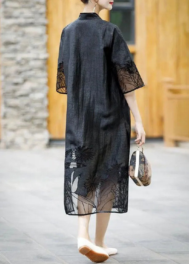 Handmade Black Embroideried Side Open Patchwork Silk Trench Summer LY4454