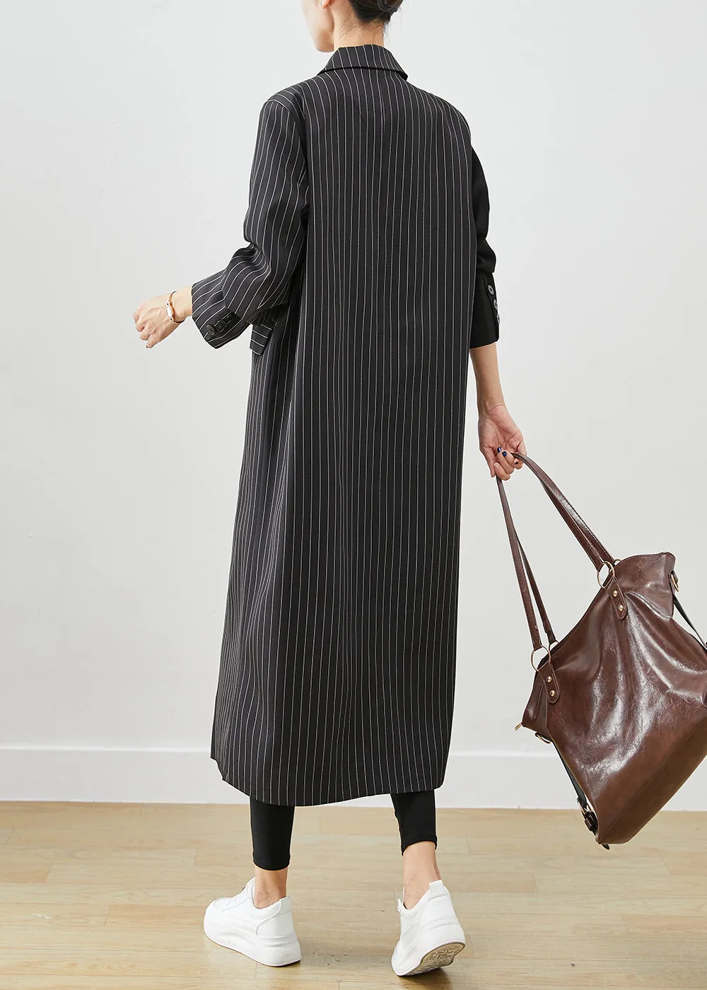 Modern Black Asymmetrical Striped Spandex Trench Fall ML2420