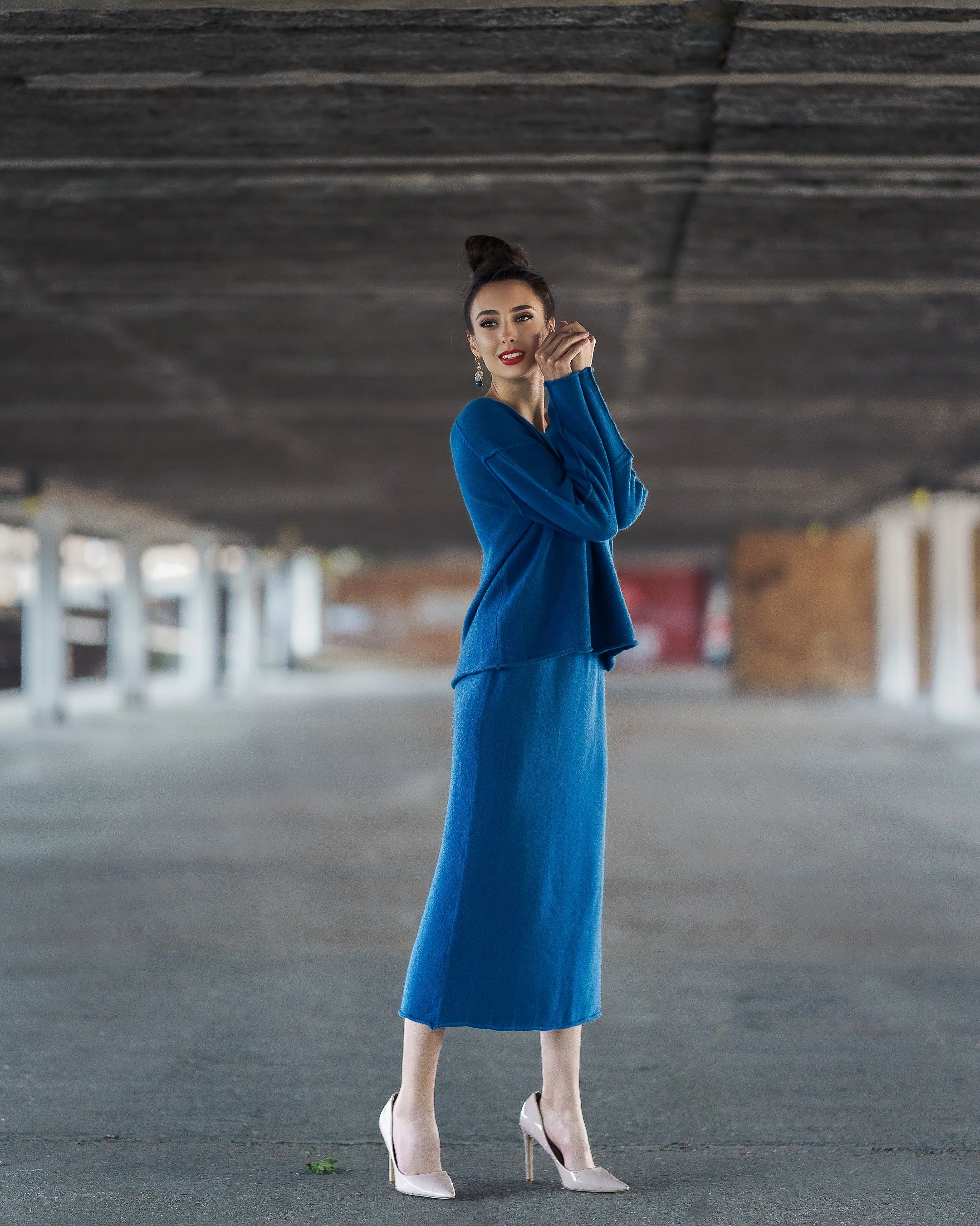 Mustard Yellow & Blue Cashmere Skirt Suit