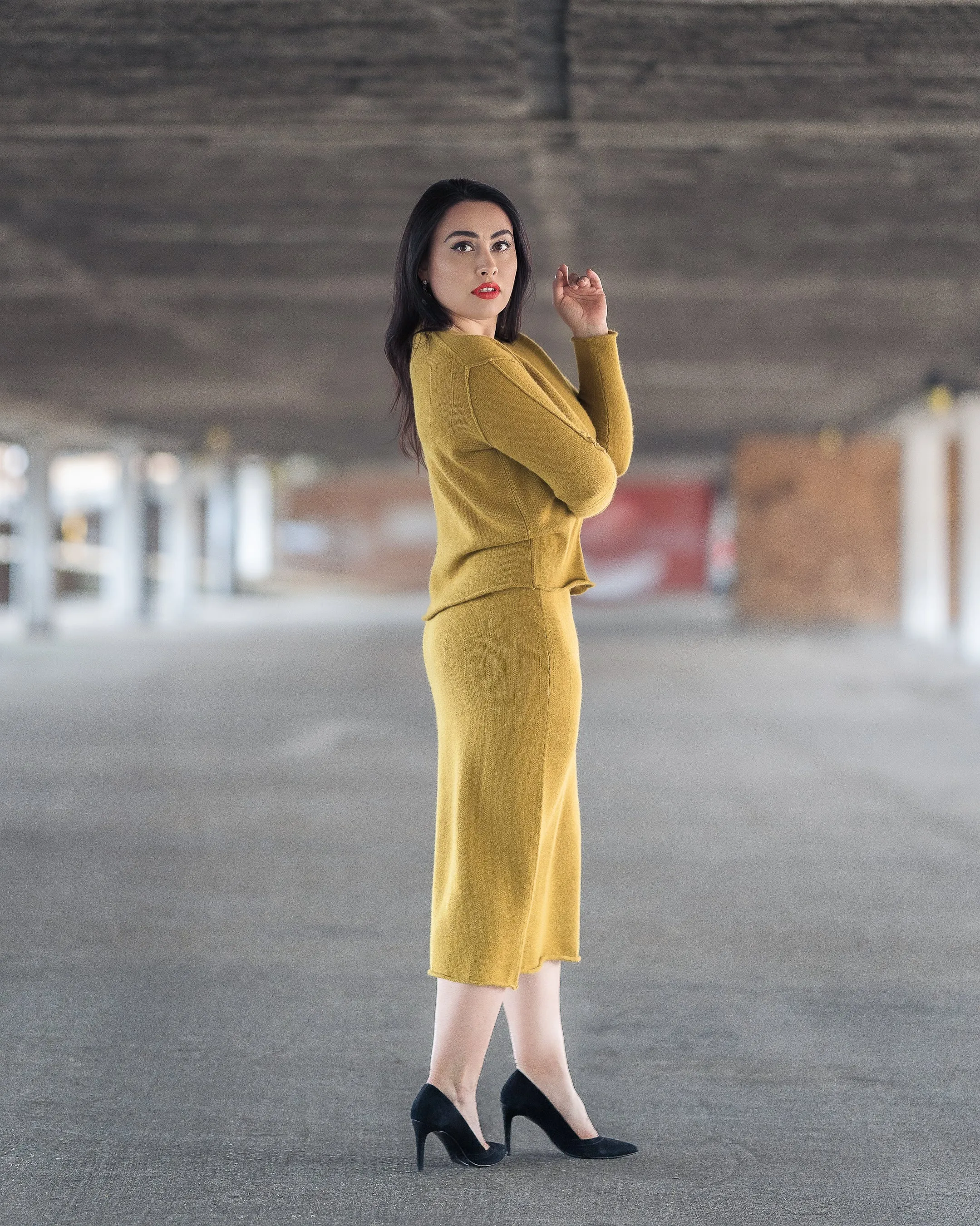 Mustard Yellow & Blue Cashmere Skirt Suit