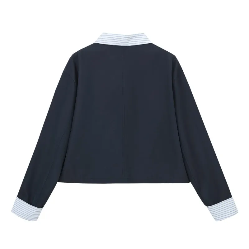 Patchwork Striped Trench Coat in Dark Blue