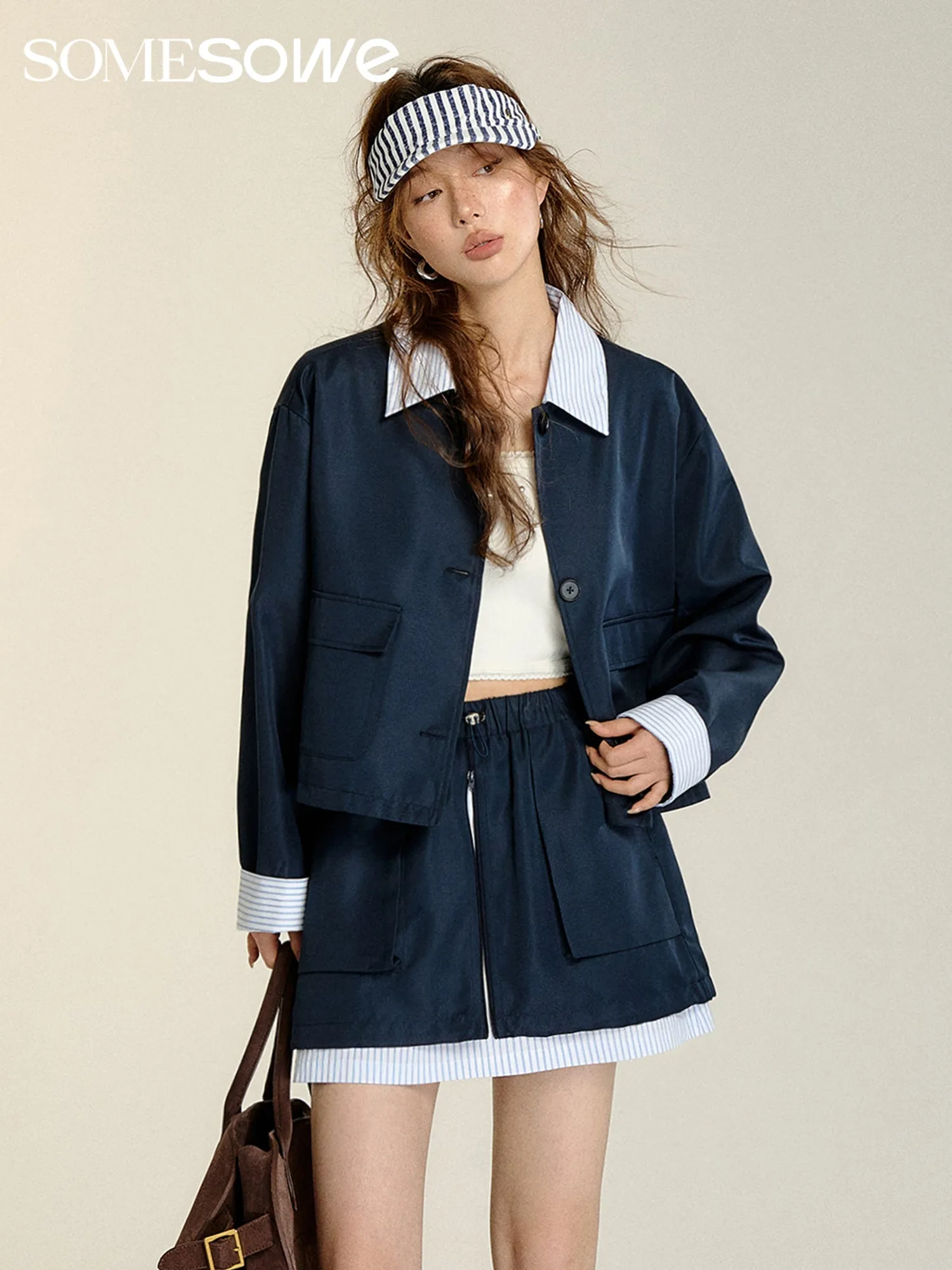 Patchwork Striped Trench Coat in Dark Blue