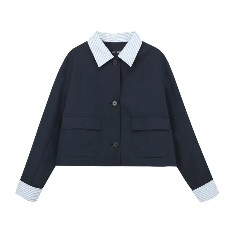 Patchwork Striped Trench Coat in Dark Blue
