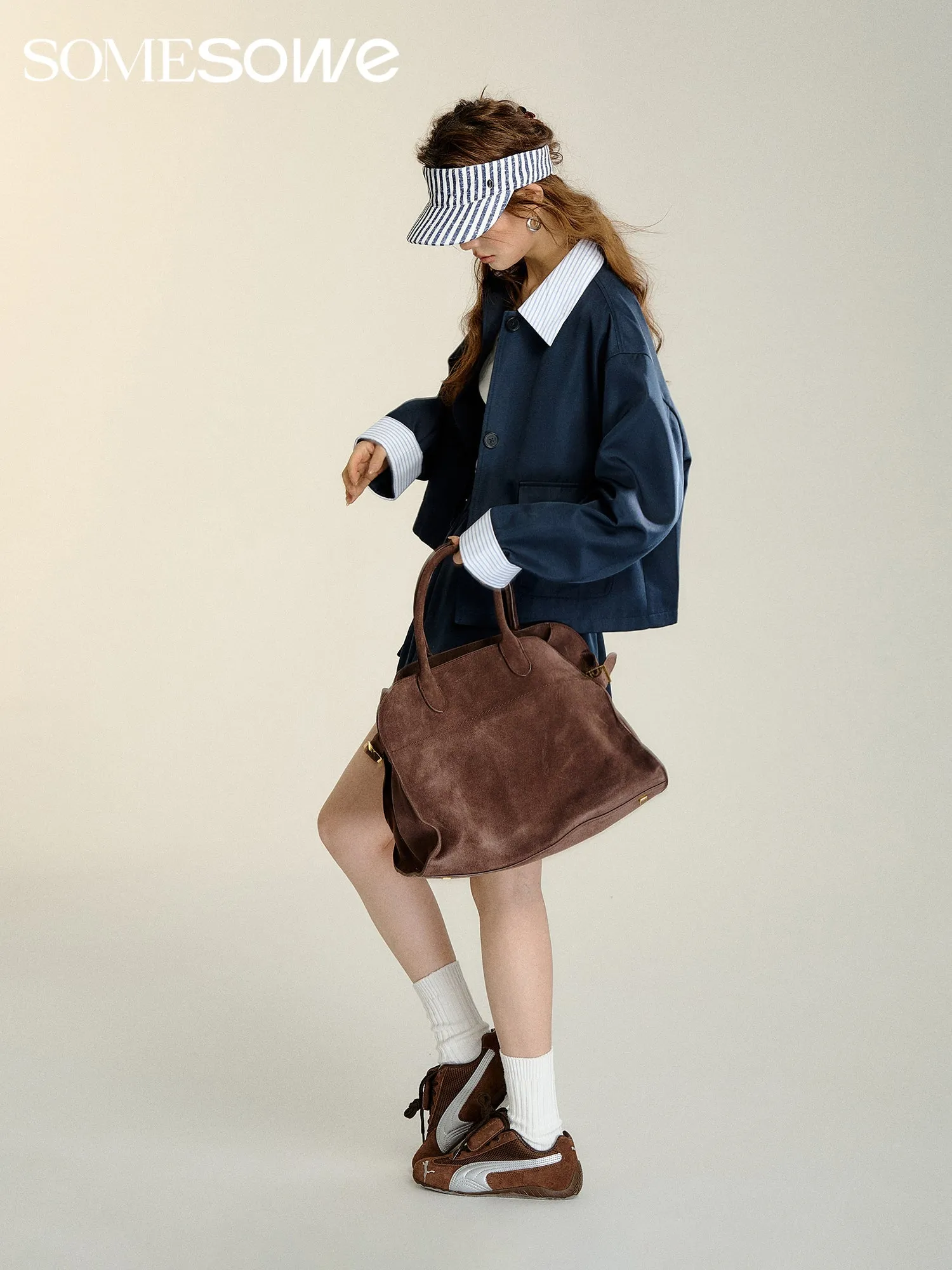 Patchwork Striped Trench Coat in Dark Blue