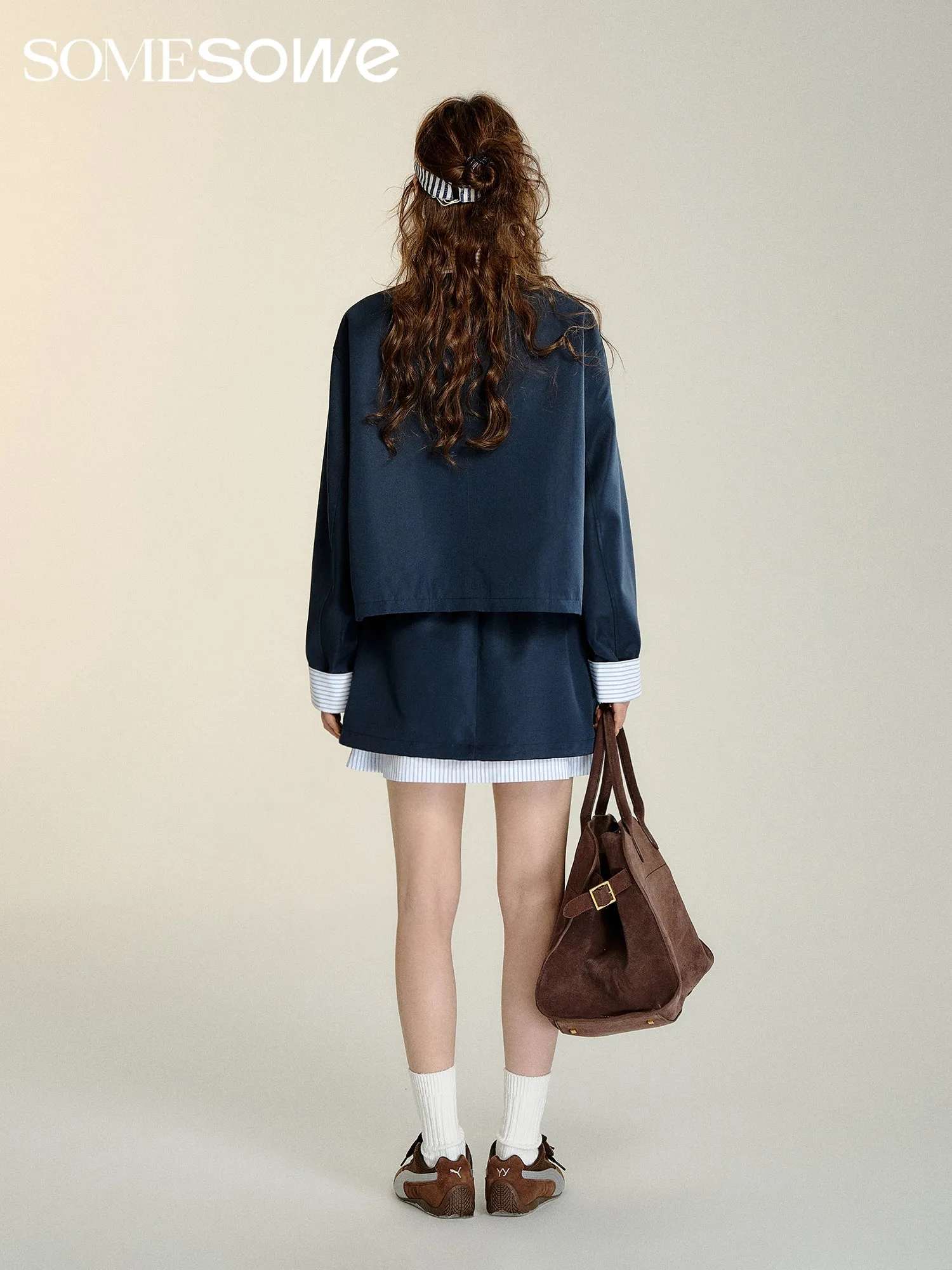 Patchwork Striped Trench Coat in Dark Blue