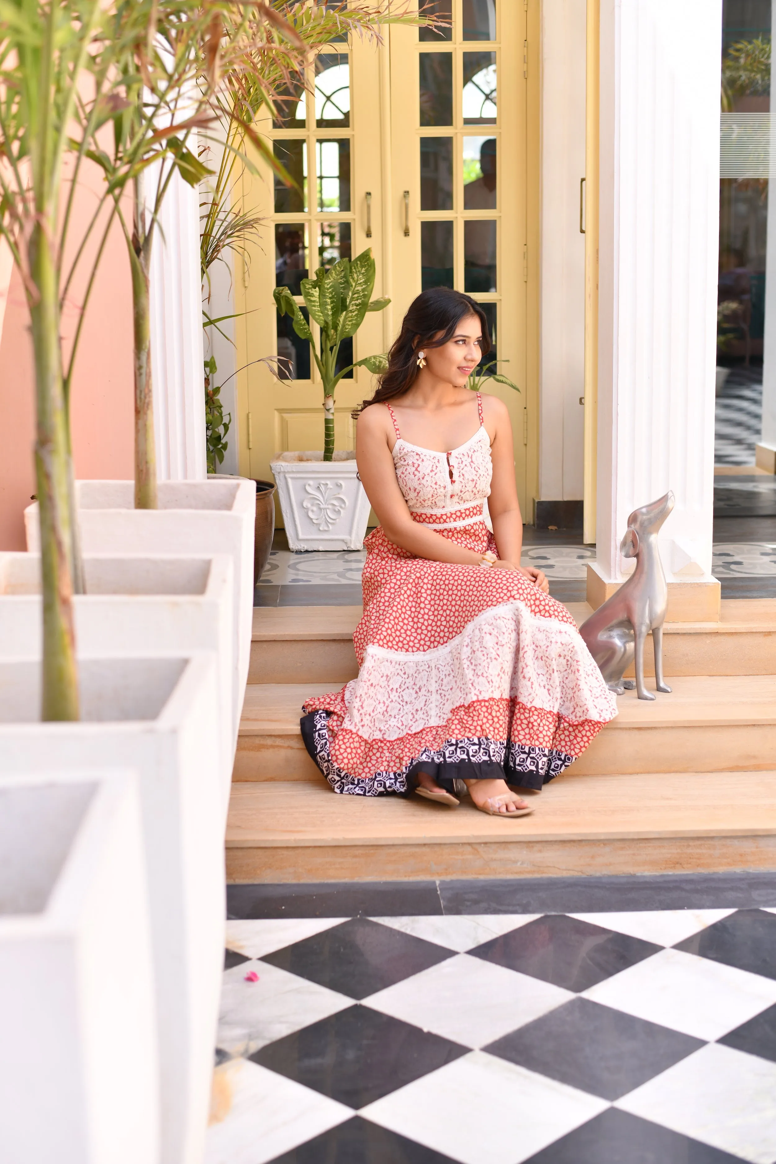 Peachy Petals Lace Featured Cotton Long Dress