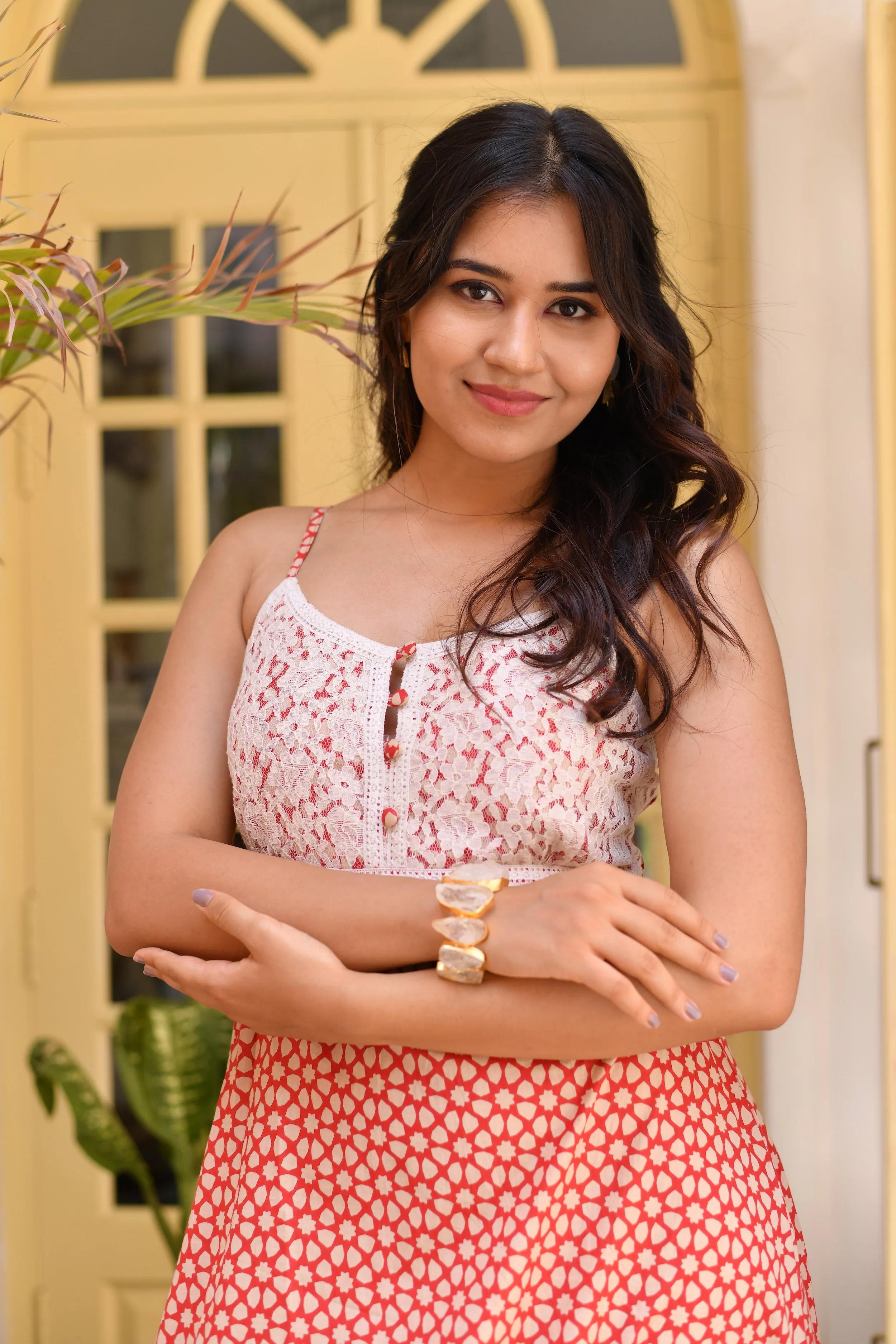 Peachy Petals Lace Featured Cotton Long Dress