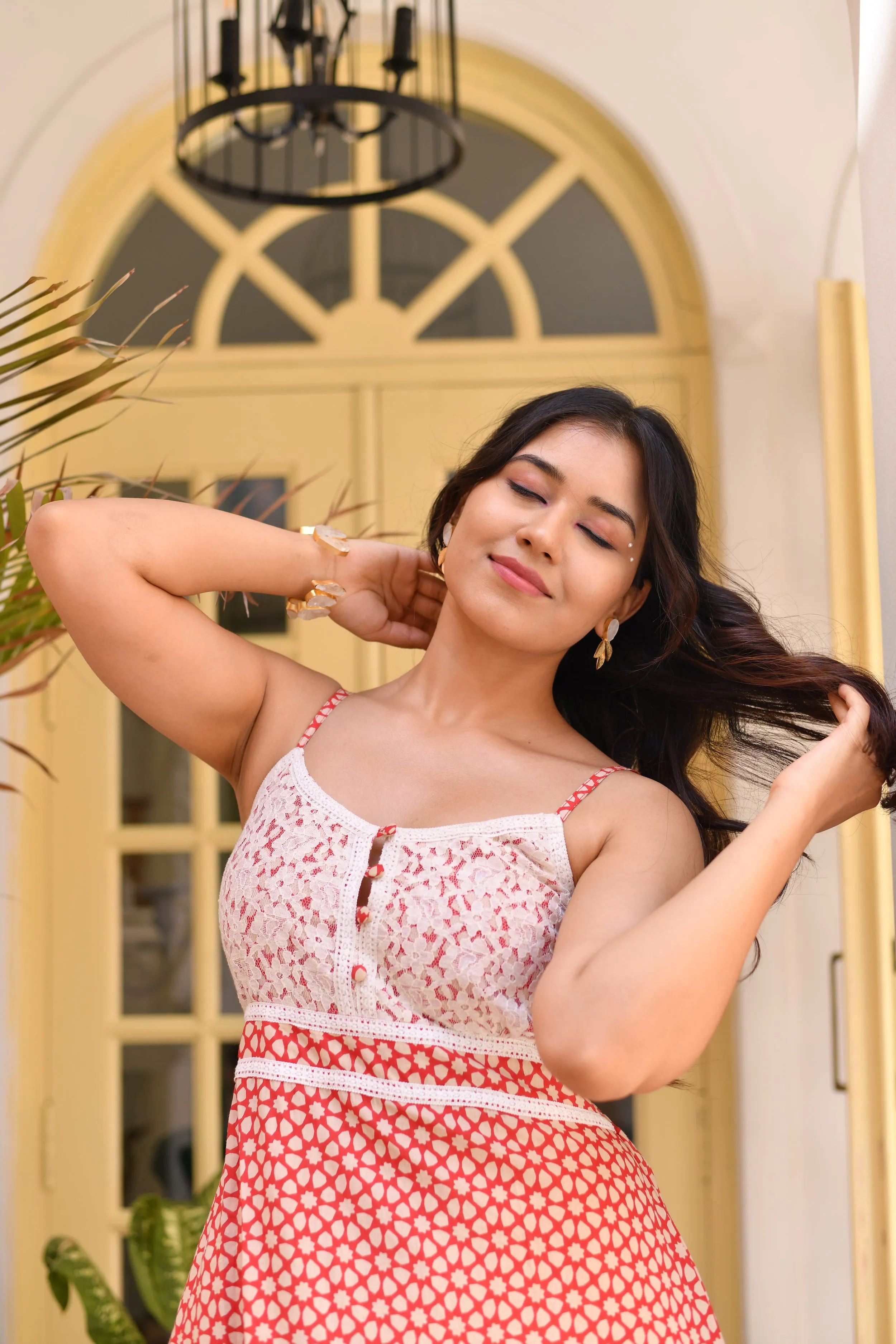 Peachy Petals Lace Featured Cotton Long Dress