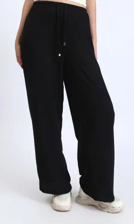 R209209 - Wide Leg Textured Summer Pants - Black