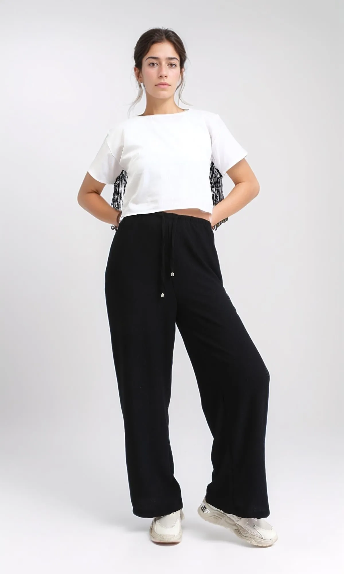 R209209 - Wide Leg Textured Summer Pants - Black
