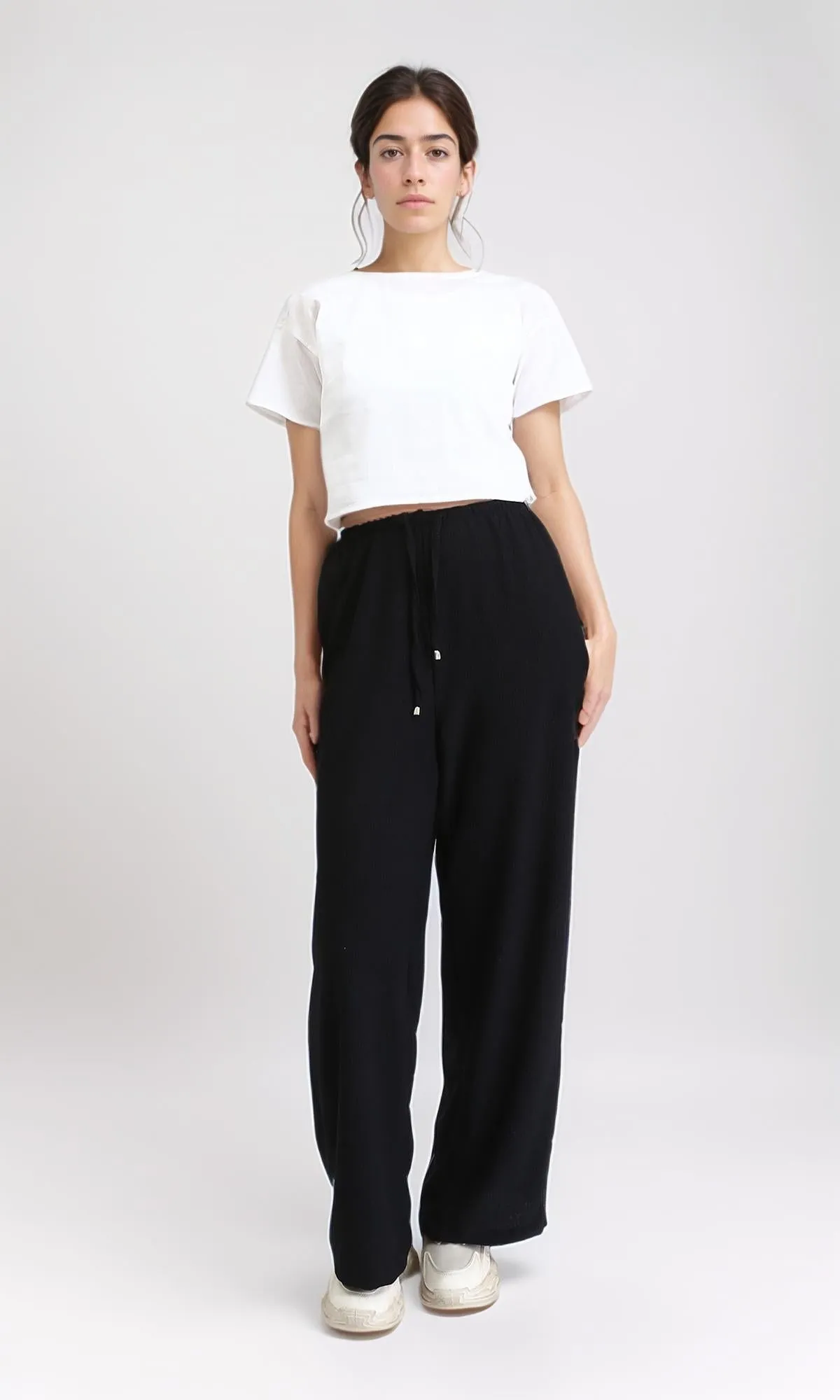 R209209 - Wide Leg Textured Summer Pants - Black