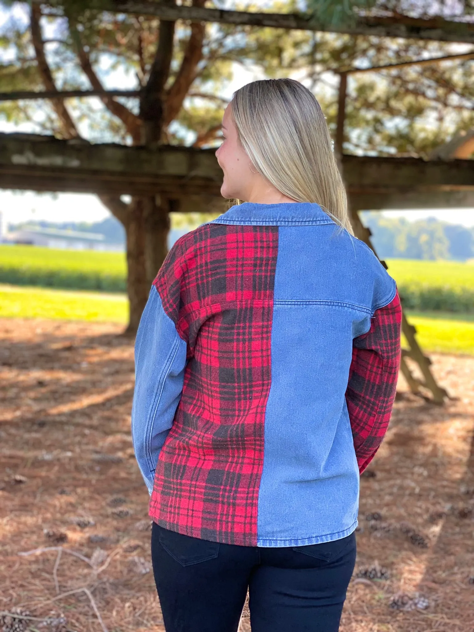 Red Plaid Denim Jacket