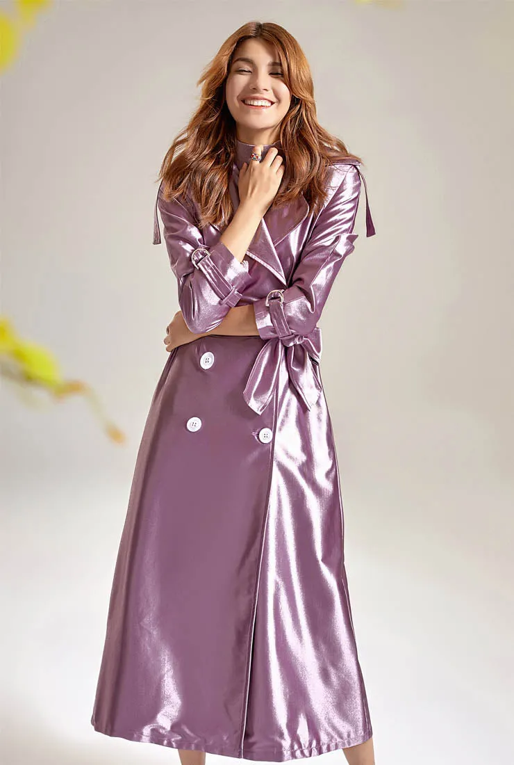 Satin Double-breasted Long Trench Coat