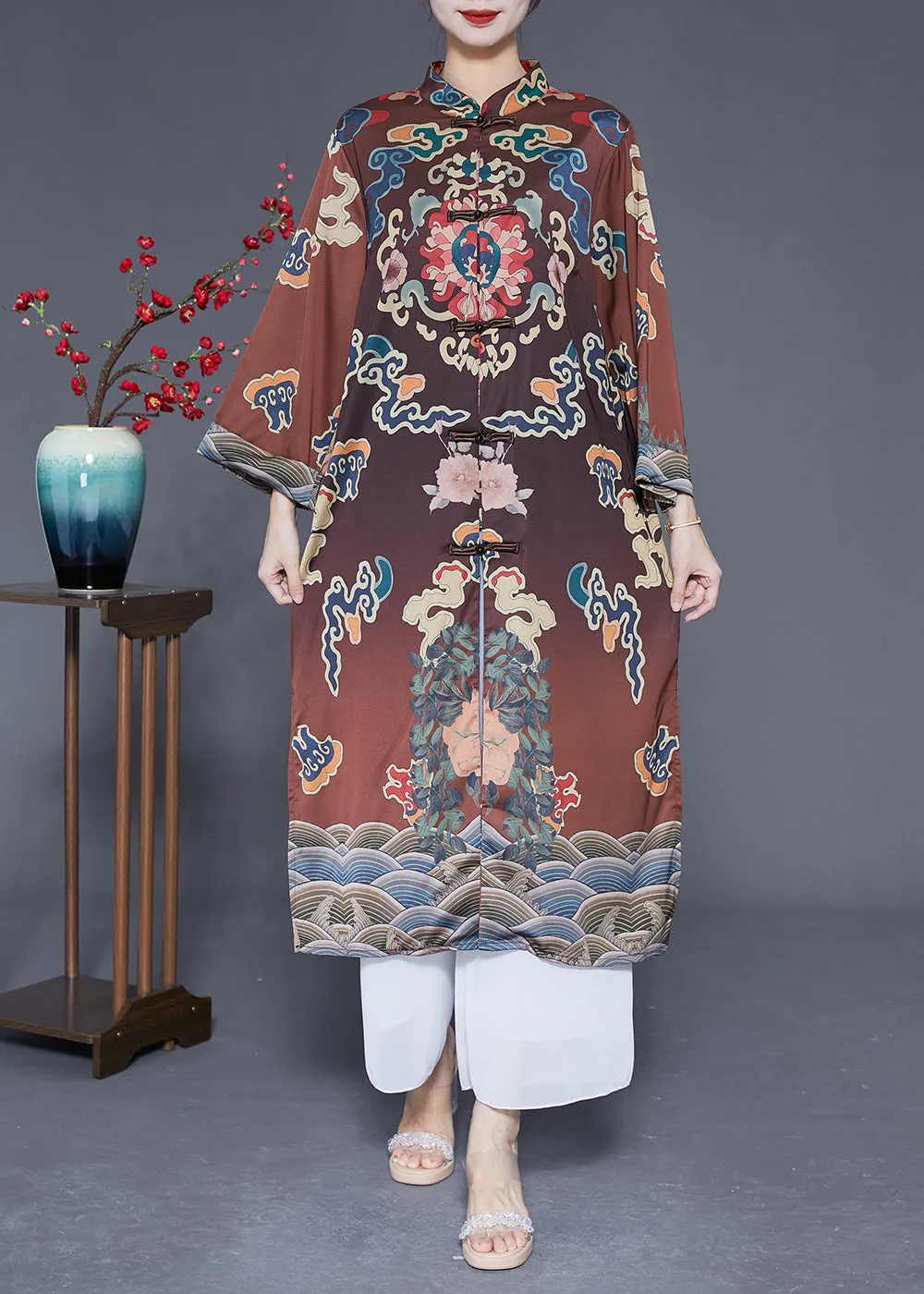 Vintage Brown Mandarin Collar Chinese Button Side Open Silk Trench Spring
