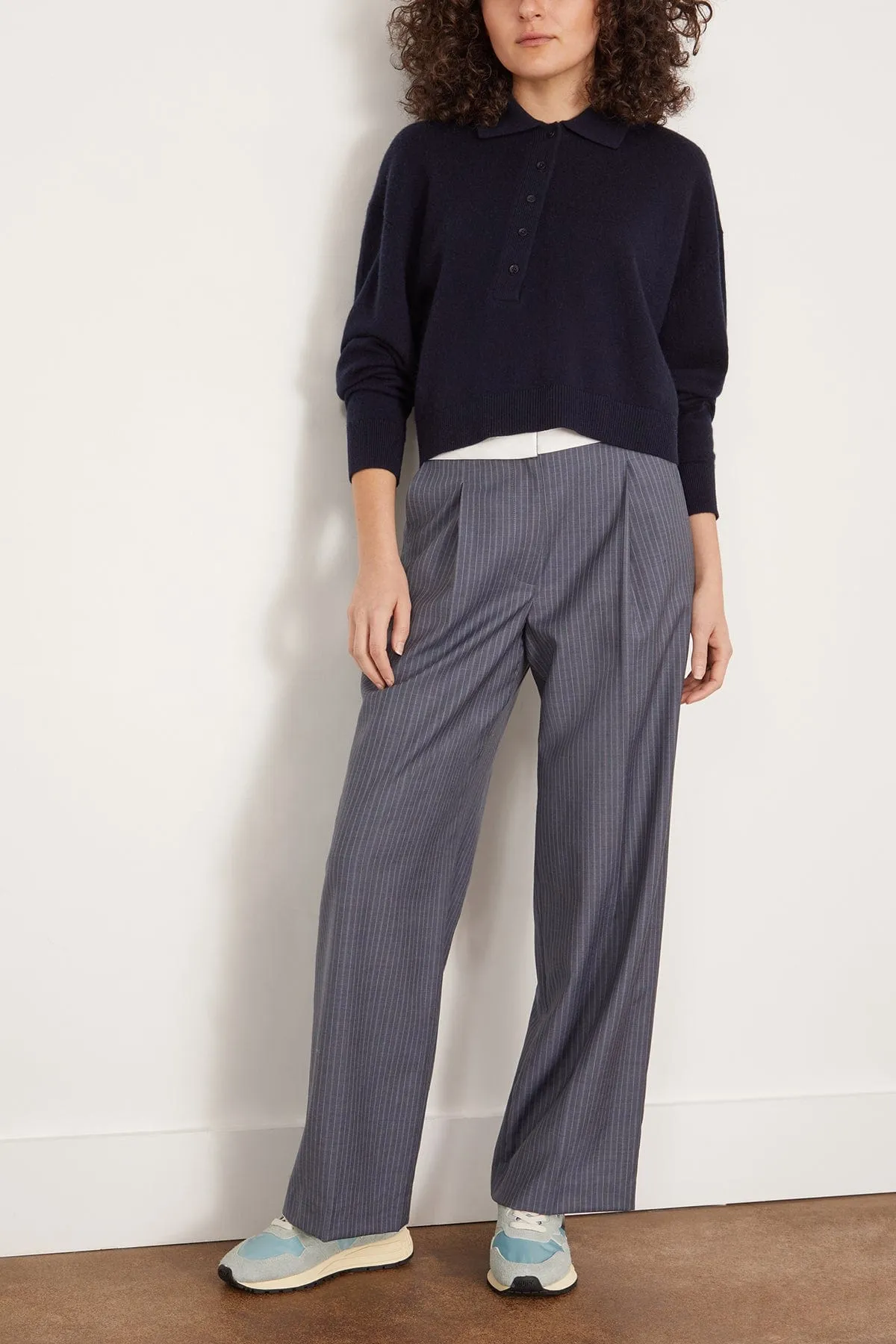 Washable Cashmere Easy Polo Cropped Sweater in Navy