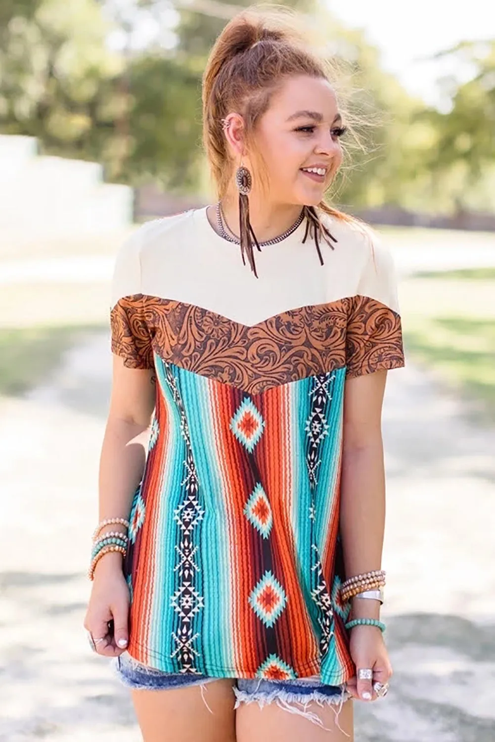 Women's Tribal Print T Shirt Crew Neck