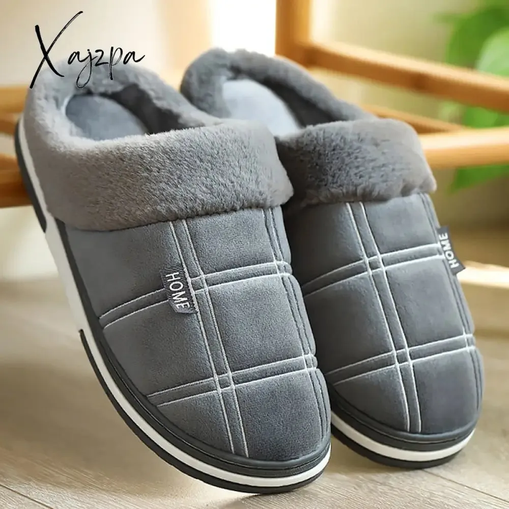 Xajzpa - Plaid Men Shoes Winter Slippers Suede Gingham Plush Velvet Indoor Shoes for Men Warm Home Slippers Non Slip Male slipper